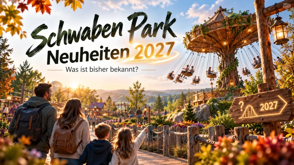 Schwaben Park Neuheiten 2027 – hochwertige redaktionelle Illustration mit Familien, Freizeitpark und symbolischem Kettenkarussell